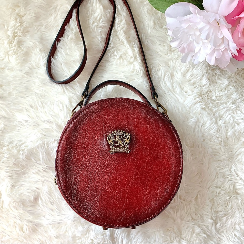 NEW Pratesi Firenze Red Leather Round Crossbody Troghi Brass Shoulder Bag Italy